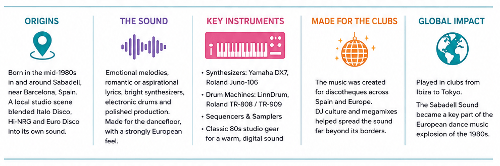 origins, the sound, key instruments, made for the clubs, global impact of Spanish Euro Disco